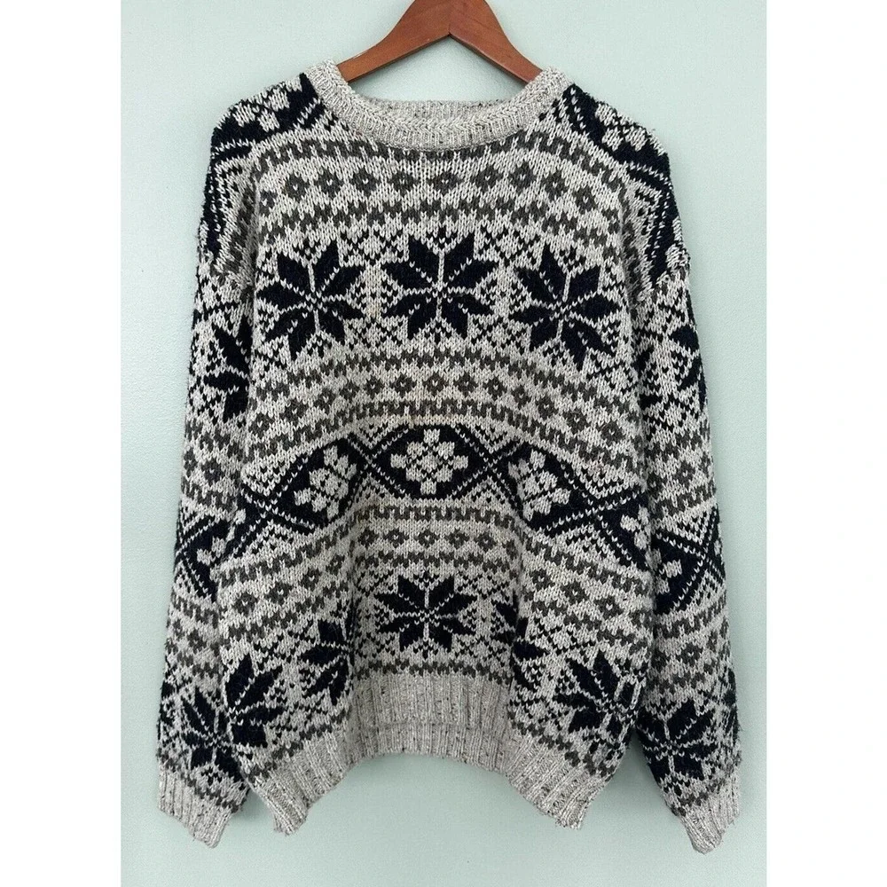 Vtg 90’s Mens Sweater Snowflake Wool Chunky Knit Sz L Nordic Fairisle Ic…​​​
